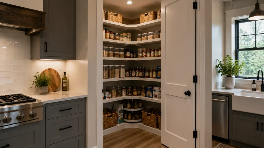 Corner pantry built into a barndominium kitchen with wraparound shelving, organized dry goods and convenient access beside the main work area.