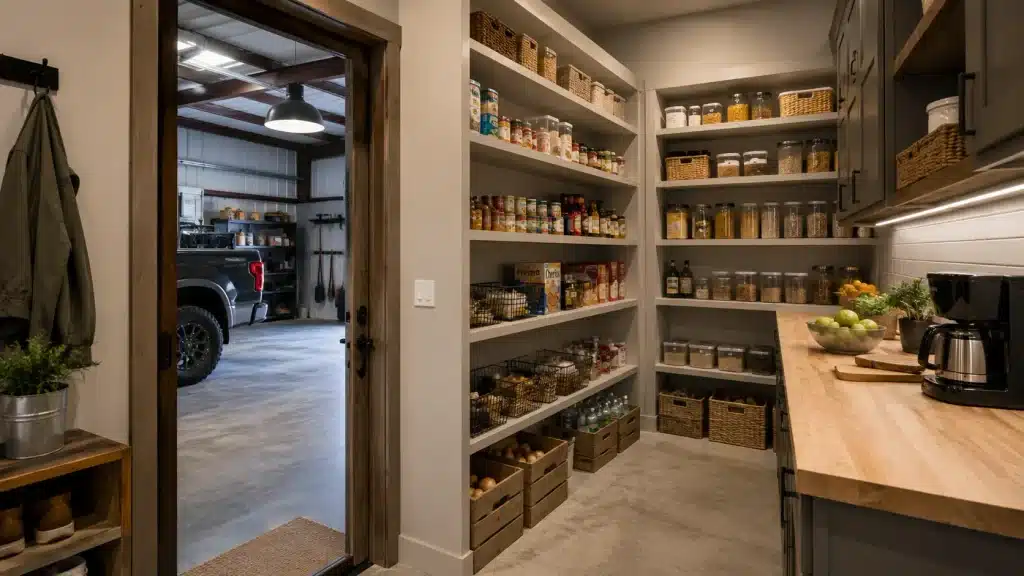 Garage-adjacent barndominium pantry with open food storage, countertop space and direct access between the pantry and attached garage.