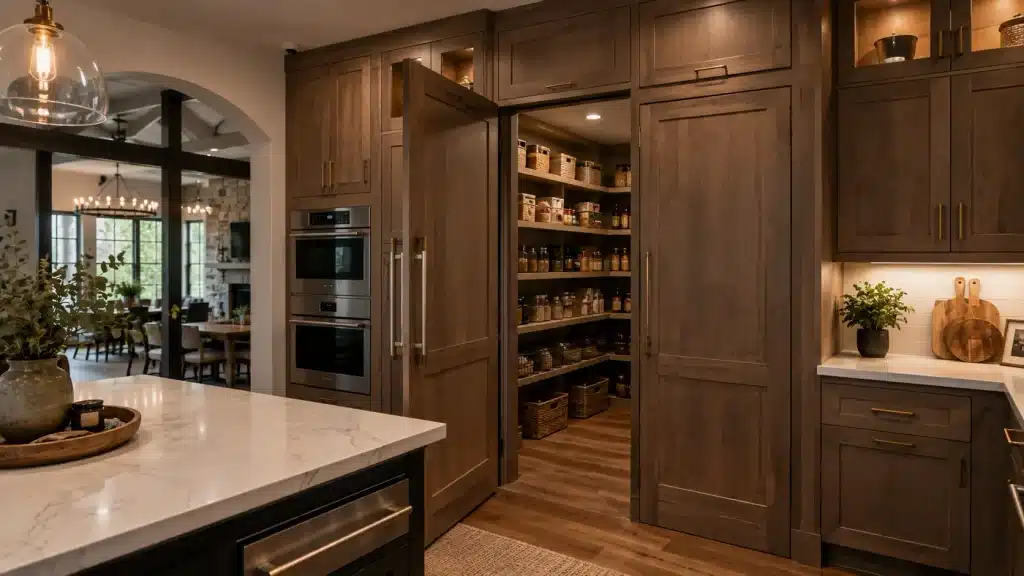 Hidden pantry concealed behind integrated kitchen cabinetry in a modern barndominium with organized shelving and food storage inside.