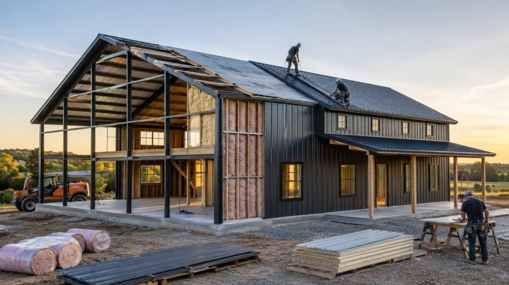 Barndominium under construction with exposed steel framing, insulation, metal siding, roofing panels, and builders installing the exterior.