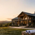 barndominium build on a Texas land in grey color with a metal roof and wide porch