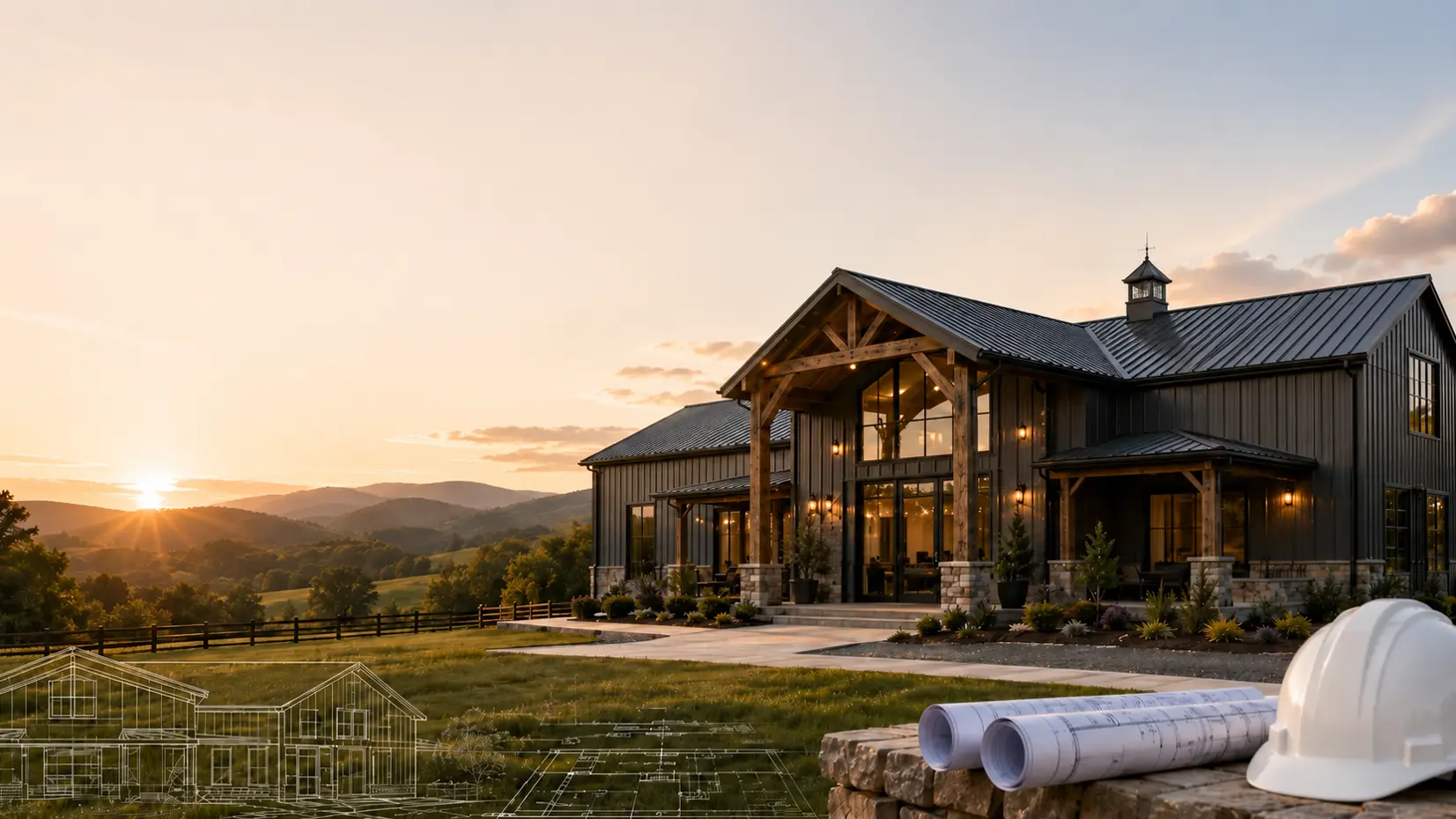 barndominium build on a Texas land in grey color with a metal roof and wide porch