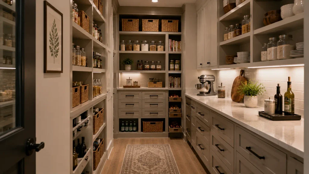 Walk-in pantry combining open shelving, closed cabinets, drawers and countertop space for organized food and appliance storage.