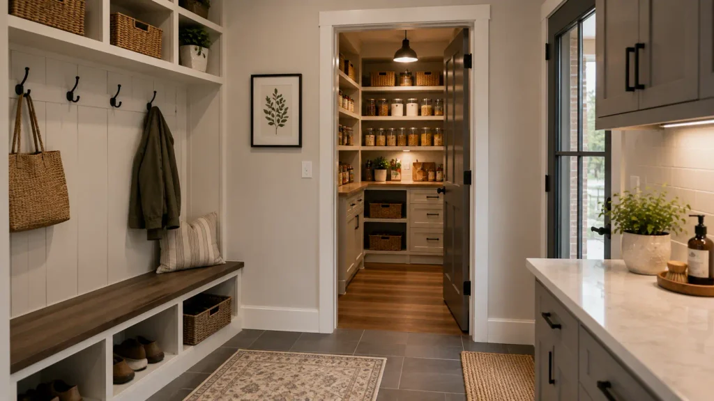 Barndominium mudroom connected to a pantry with built-in bench storage, shelving, cabinets and an efficient route toward the kitchen.