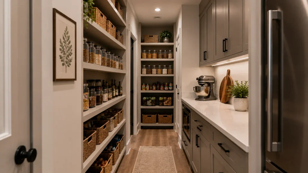 Narrow galley-style barndominium pantry with shelving on one side, cabinetry and countertop space on the other, and a clear central aisle.