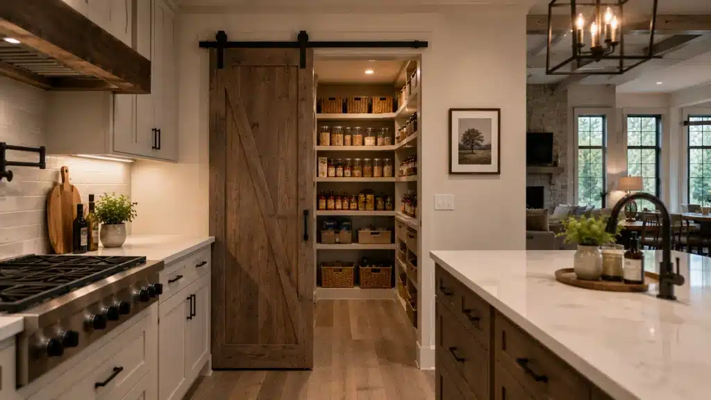 Pantry positioned directly behind a barndominium kitchen with open shelving and a sliding barn-style door beside the main cooking area.
