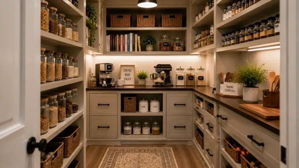 Barndominium pantry with a dedicated coffee and baking station featuring a coffee machine, stand mixer, countertop and ingredient storage.