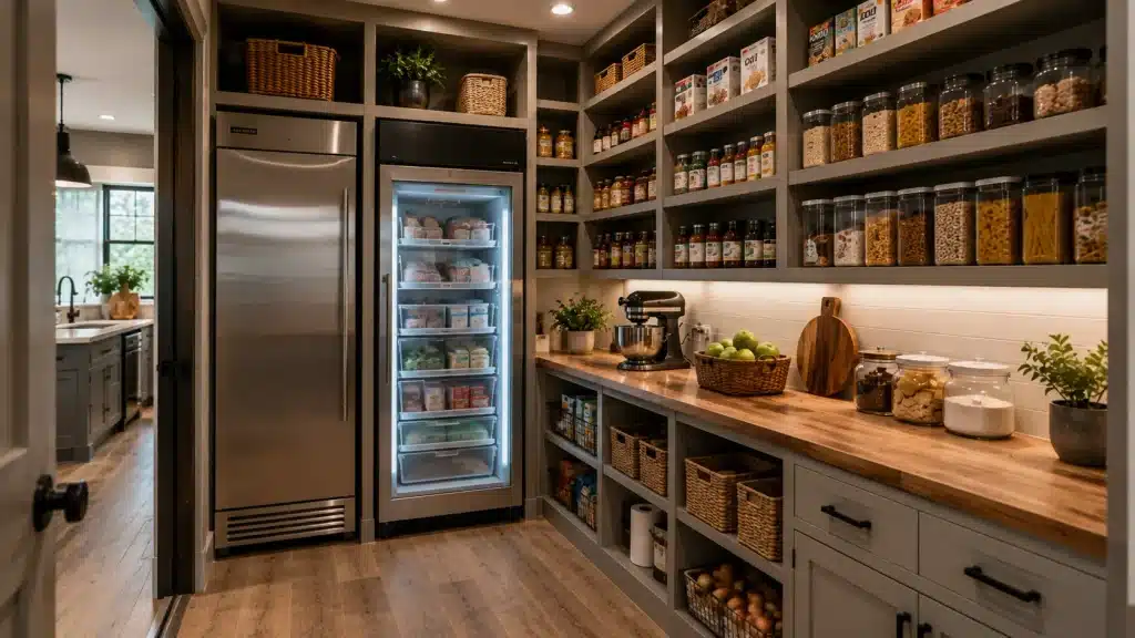 Walk-in barndominium pantry with a second refrigerator and upright freezer surrounded by shelving, cabinets and food storage.