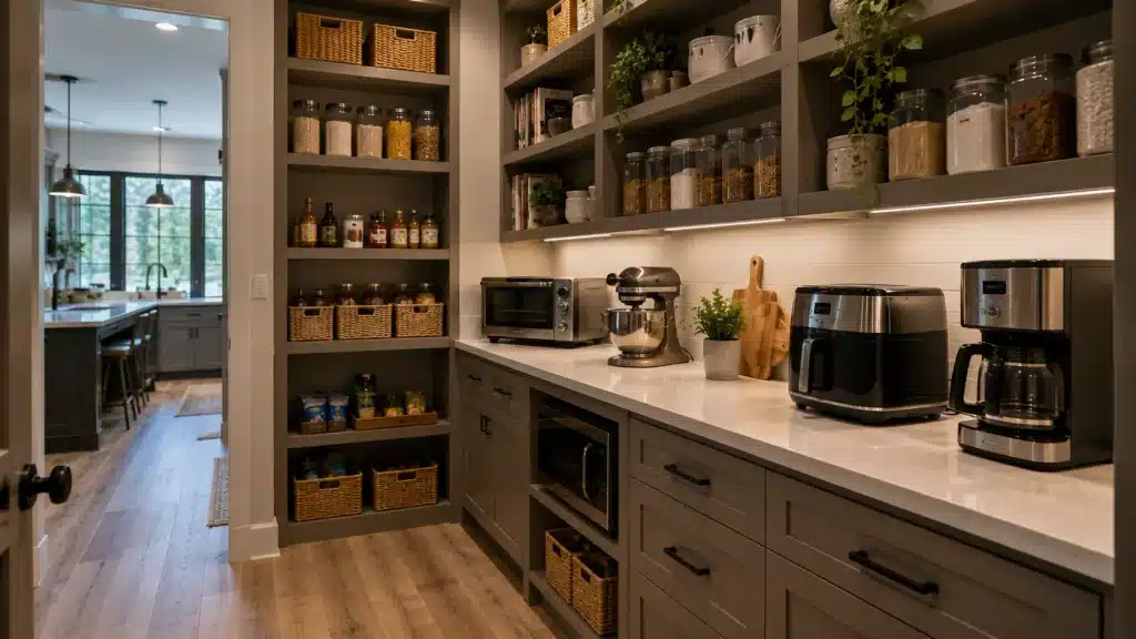 Barndominium pantry with a dedicated appliance counter for a coffee maker, stand mixer, air fryer and other small kitchen appliances.