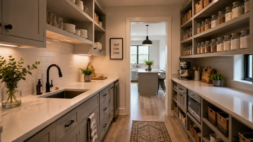 Scullery-style prep pantry with sink, countertops, cabinetry, appliances and food storage located beside the main barndominium kitchen.