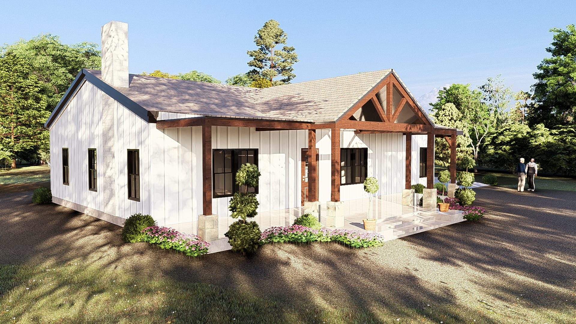 The Hearthside three-bedroom Texas barndominium with white siding, exposed timber porch details, black window accents and farmhouse-style exterior.