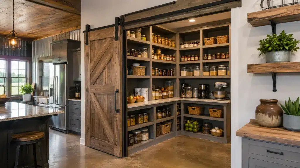 Spacious walk-in pantry in a Texas barndominium kitchen with open shelving, storage baskets, countertop space and organized dry goods.
