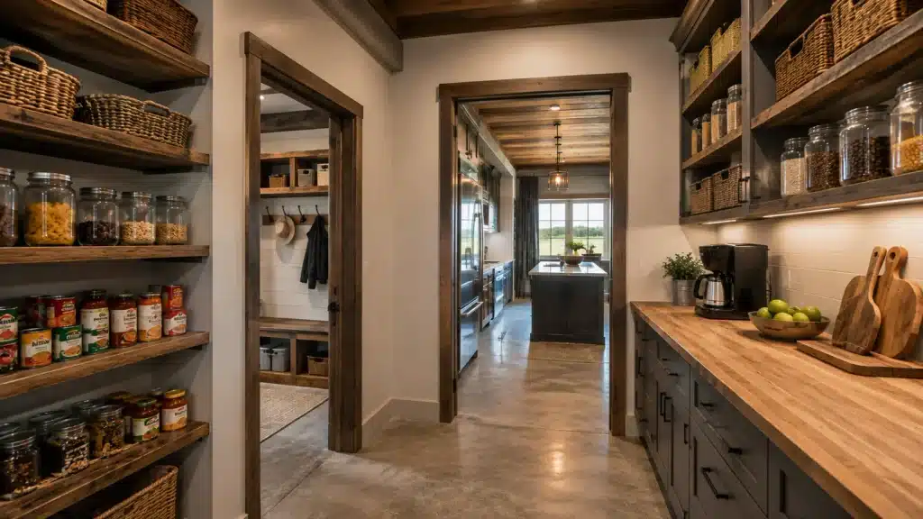 Walk-through pantry connecting a mudroom and barndominium kitchen with open shelving, cabinetry and countertop storage along the passage.