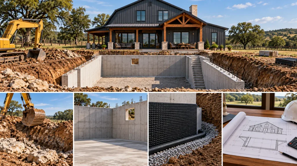 Texas barndominium basement construction showing excavation, concrete foundation walls, waterproofing and structural engineering considerations.