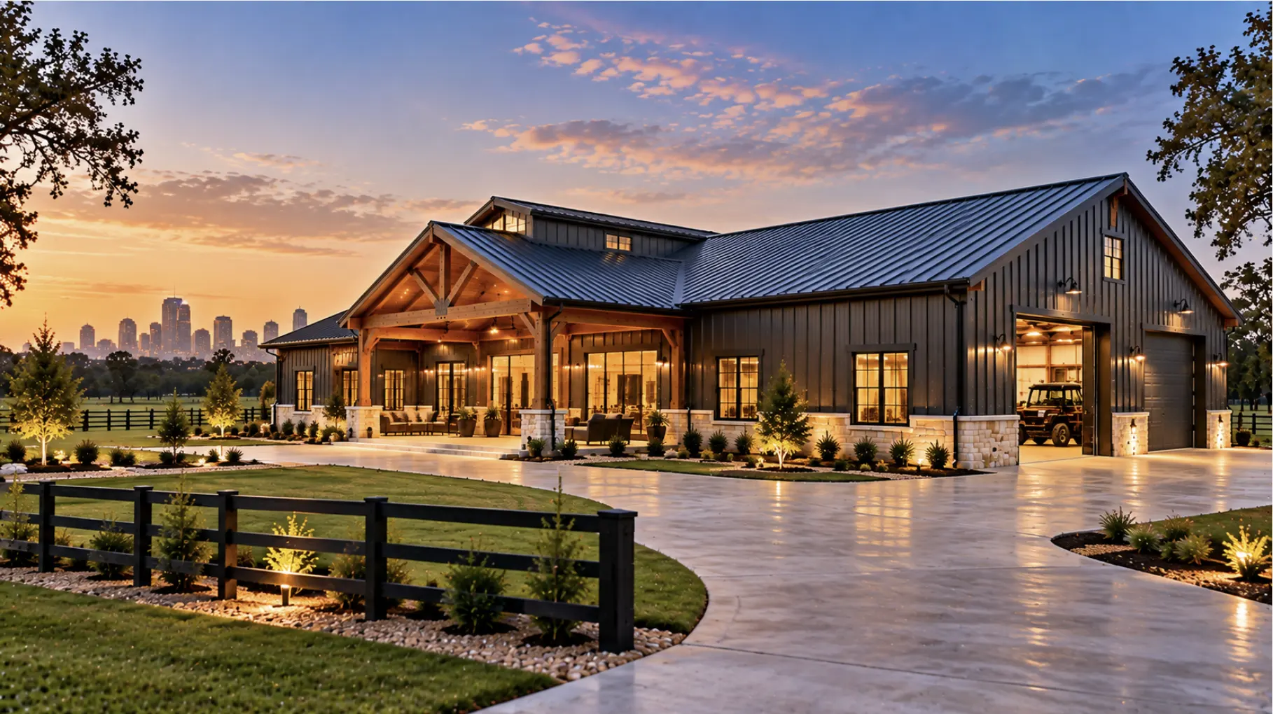 Custom barndominium in Southwest Houston with spacious acreage, attached garage, covered porch, and Houston skyline in the distance