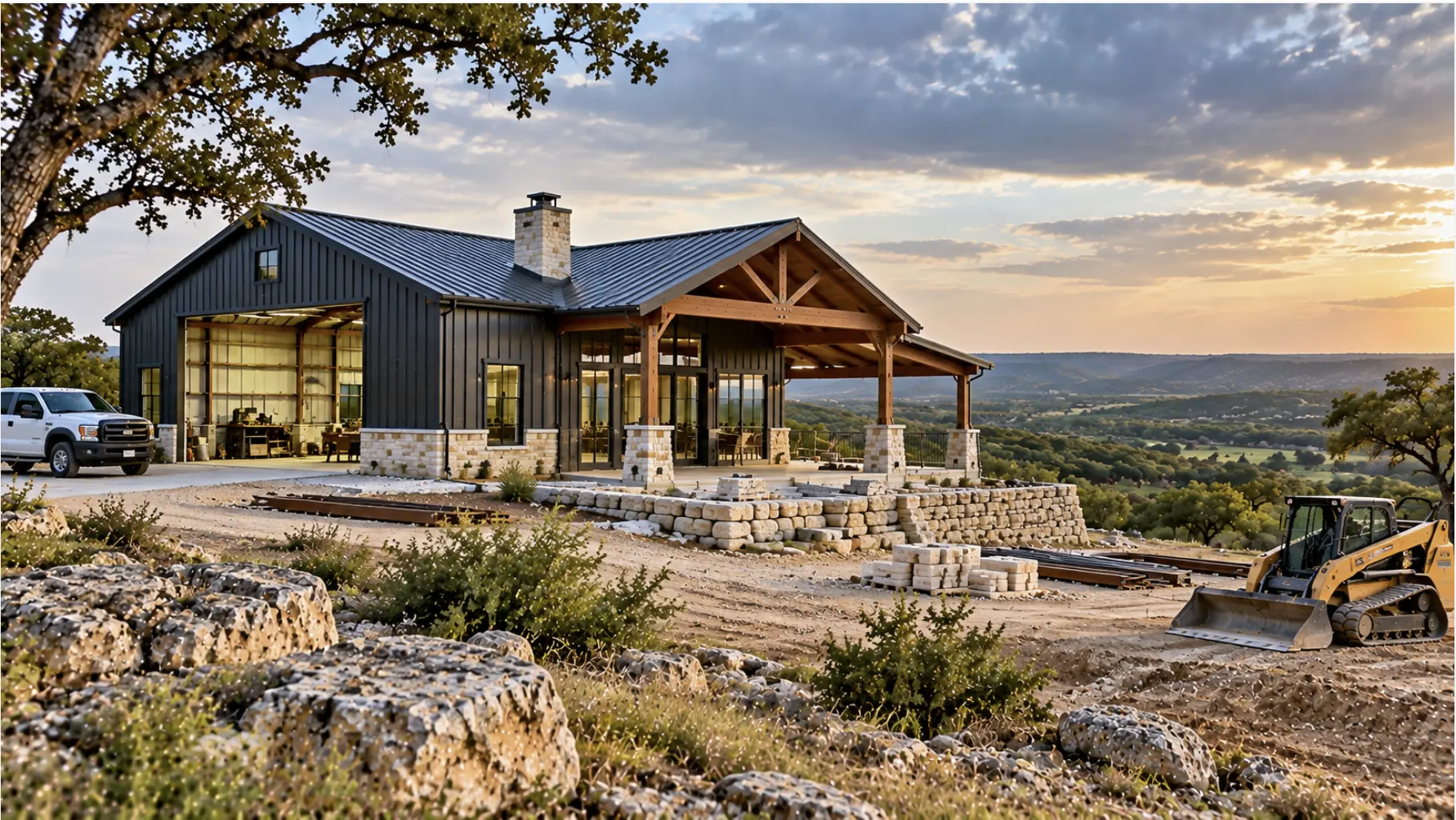 Texas Hill Country barndominium construction on rocky rural acreage with site work, building materials, and equipment