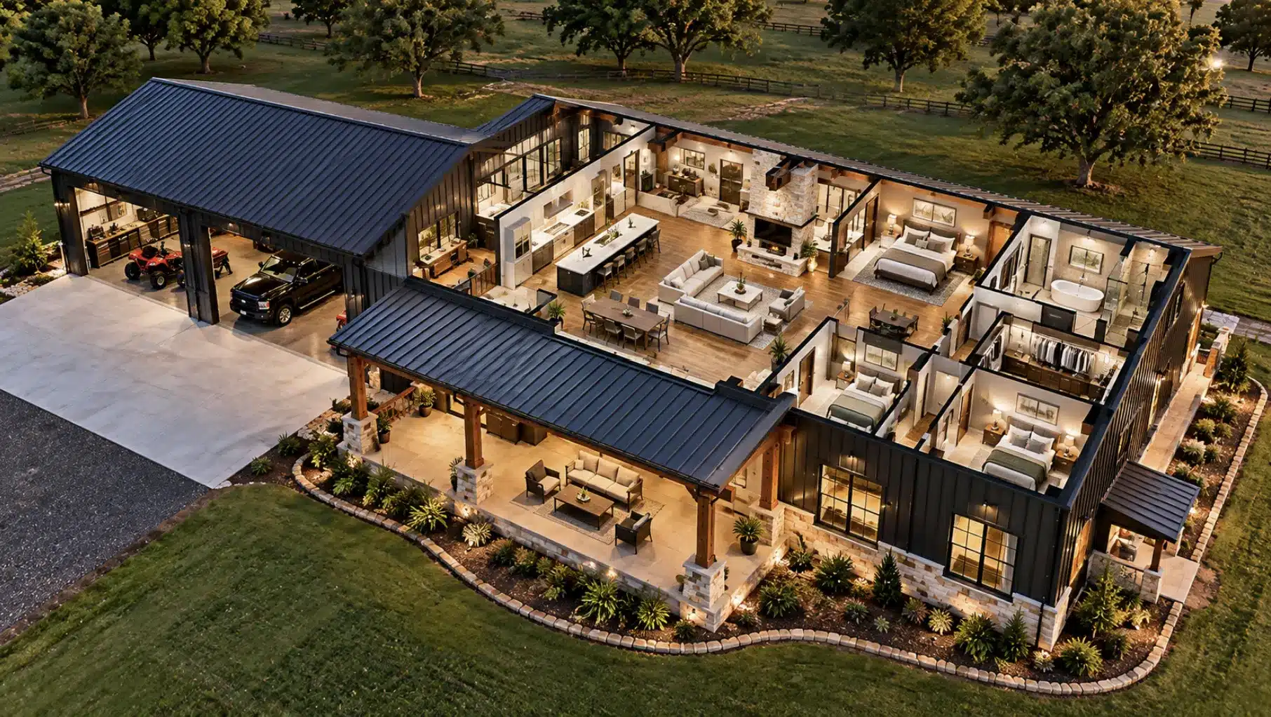 Custom Fort Worth barndominium floor plan with open living areas, bedrooms, garage, workshop, and covered porch