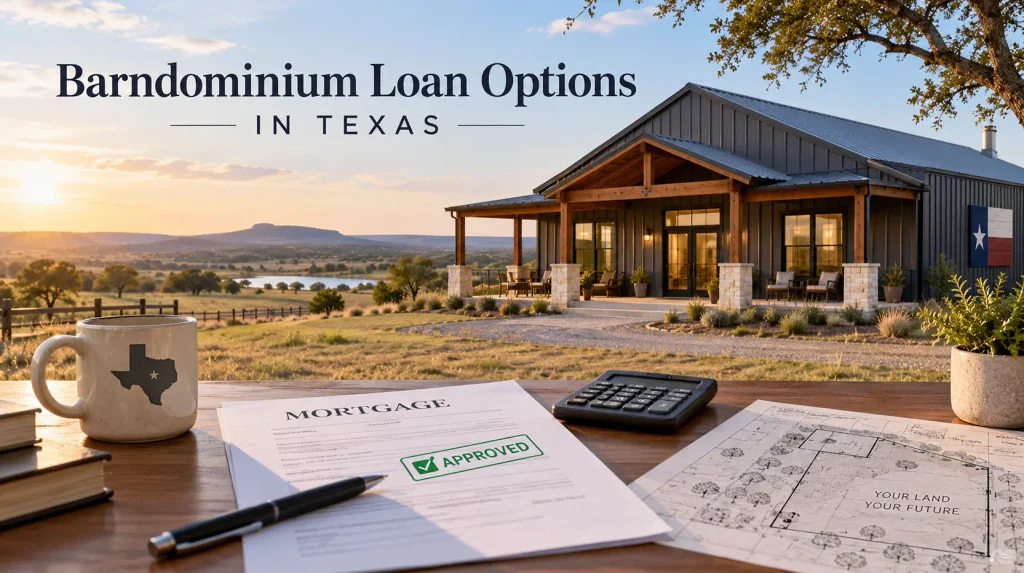 Texas barndominium with mortgage documents, calculator and building plans illustrating barndominium financing options.