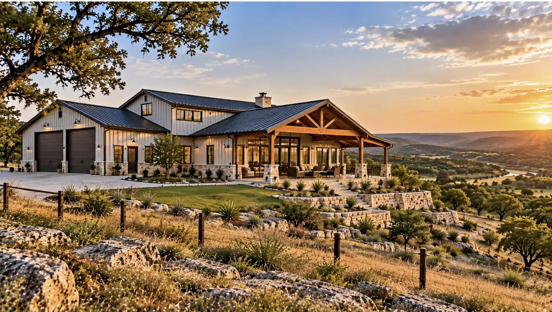 Modern barndominium on Eastern Texas Hill Country acreage with limestone terrain, rolling hills, and rural views