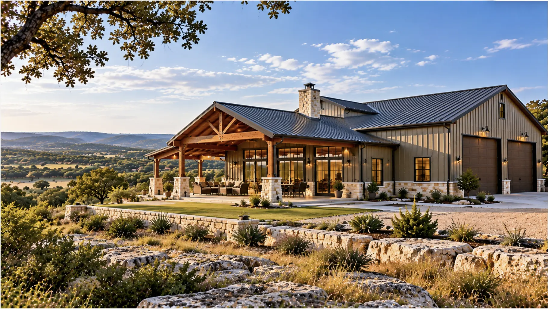 Modern barndominium on Southern Texas Hill Country acreage with limestone terrain, covered outdoor living space, and rolling rural views