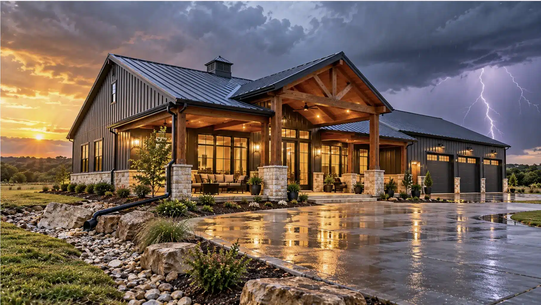 Weather-ready Fort Worth barndominium with metal roof and covered porch during a Texas thunderstorm