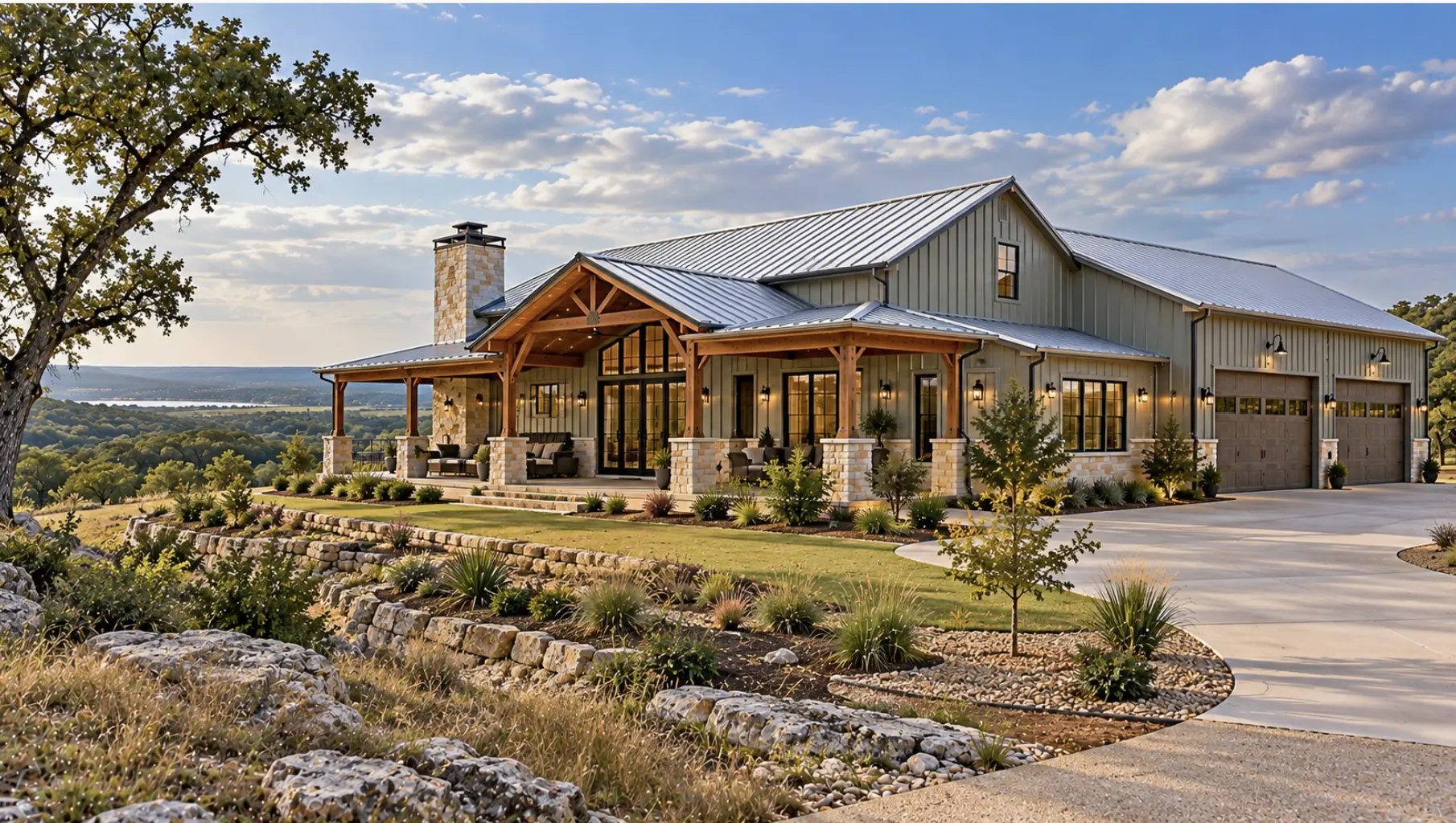 Burleson barndominium designed for hot Texas weather with reflective metal roofing, covered porch, and climate-conscious exterior features