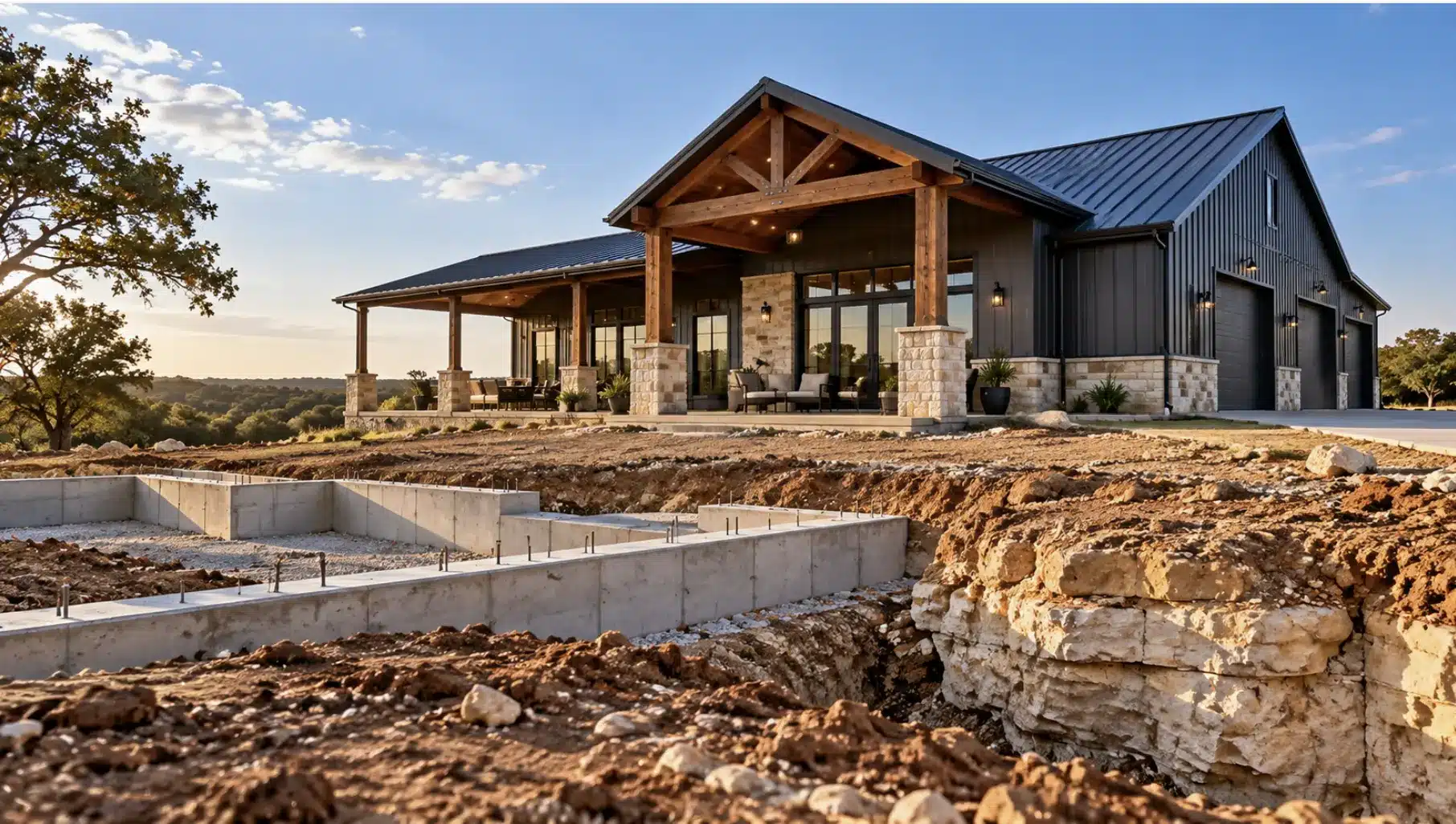 Modern Fort Worth barndominium built around local soil, limestone, and engineered foundation conditions
