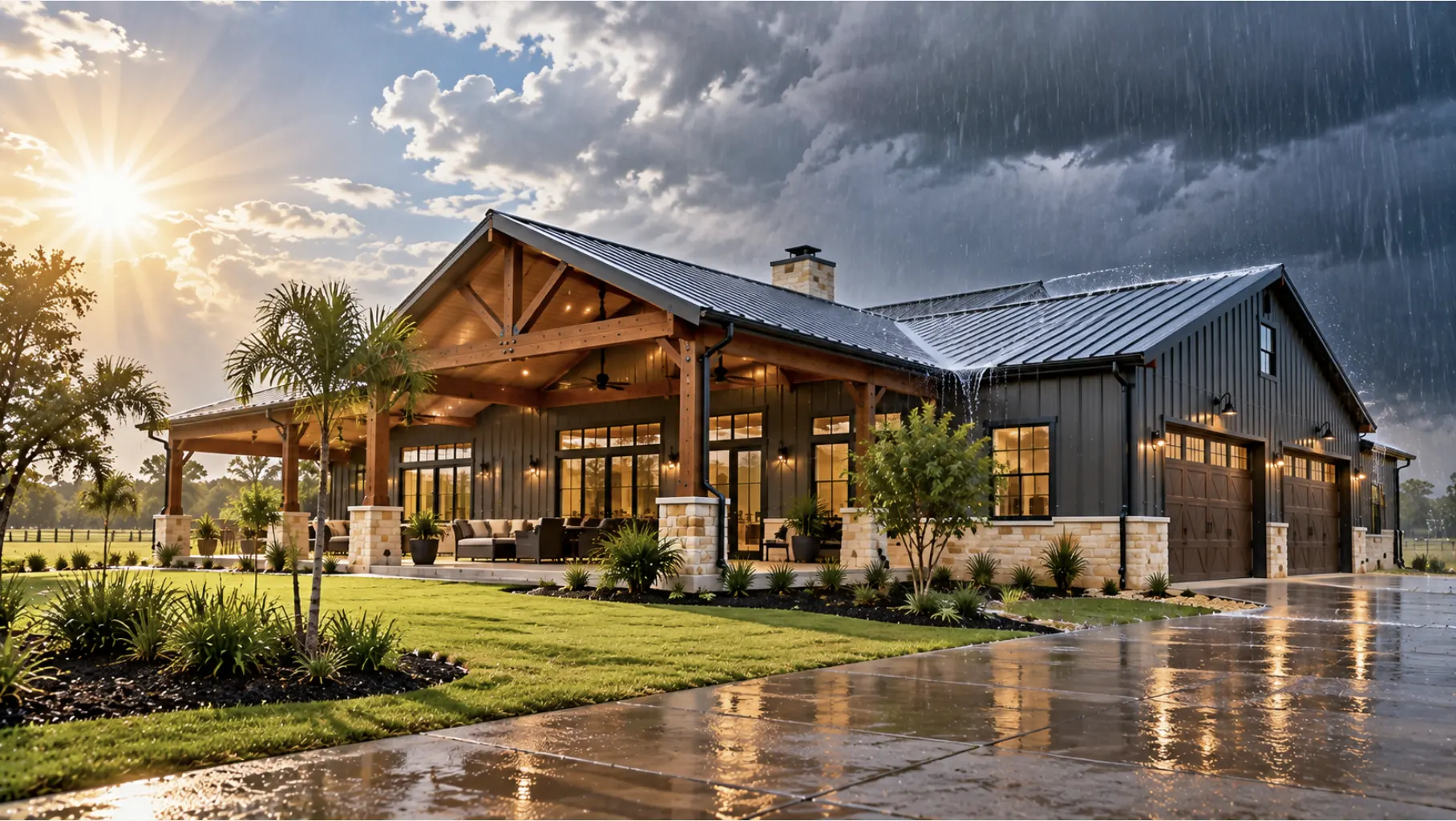 Houston barndominium designed for intense heat, high humidity, and heavy rainfall with a metal roof and covered porch