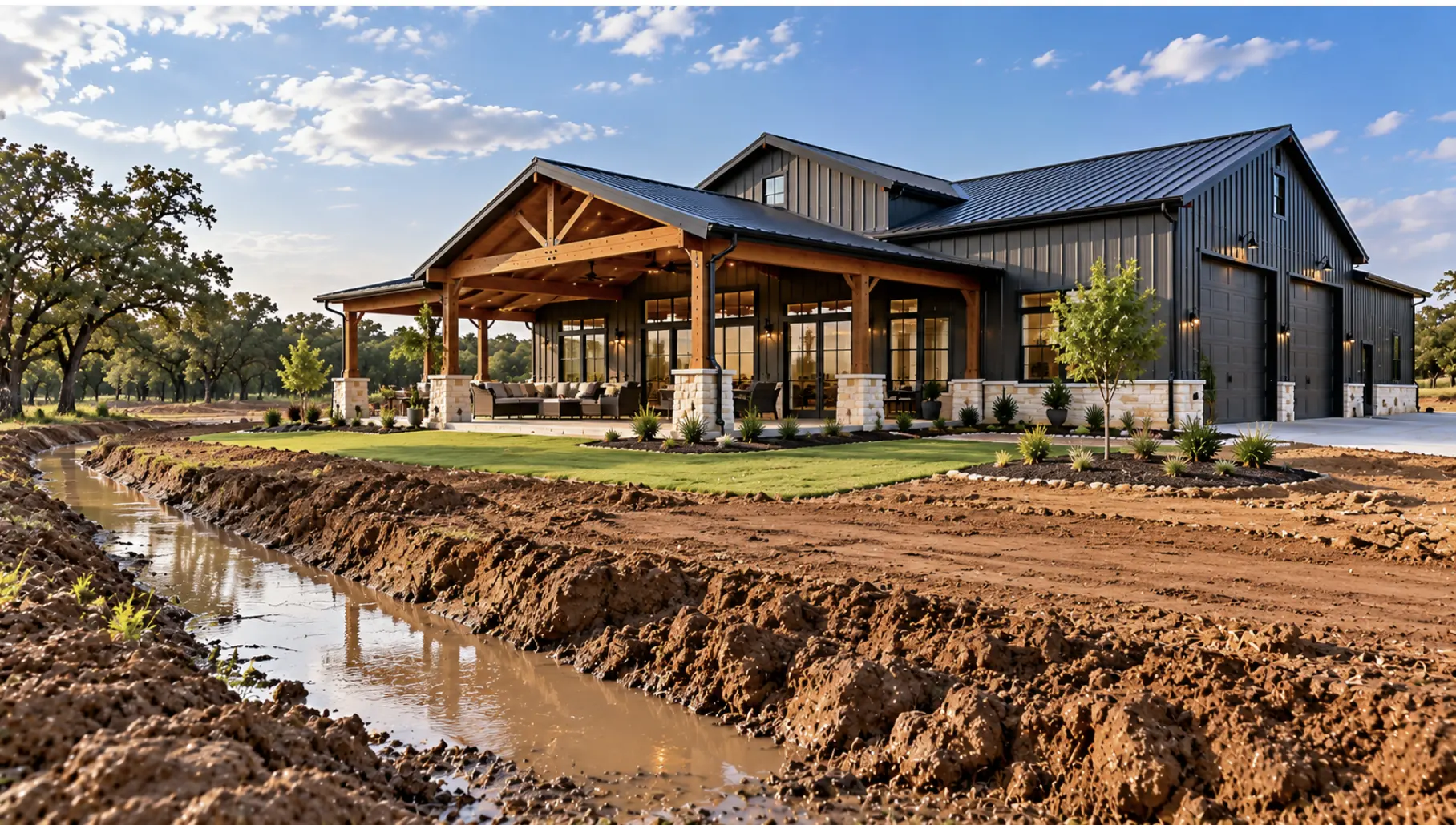 Houston barndominium built on clay-rich soil with engineered site grading and drainage around the foundation