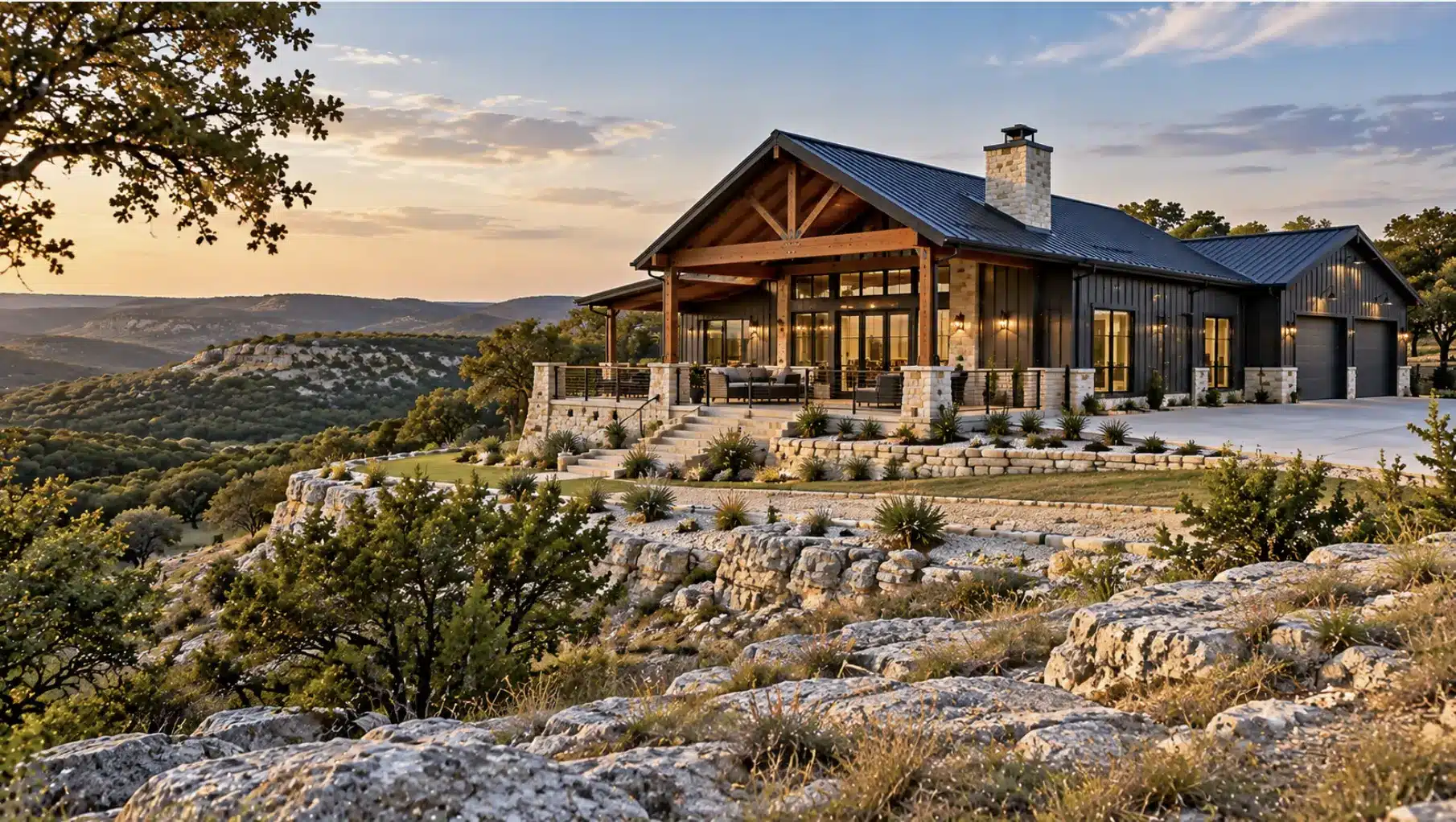 Texas Hill Country barndominium built on sloped limestone terrain with an engineered foundation and rocky site conditions