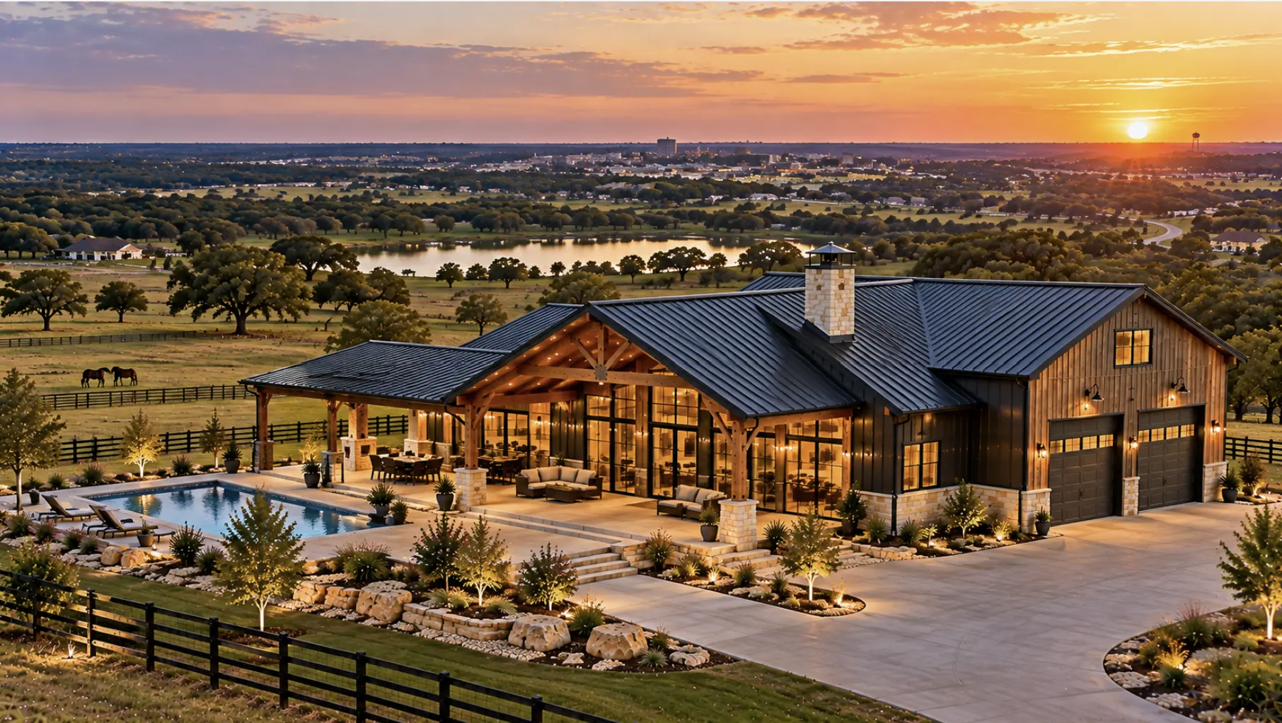 Burleson barndominium overlooking North Texas acreage, nearby residential areas, rural roads, and surrounding communities