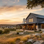 barndominium in Texas located in a rocky hill with grey metal roof