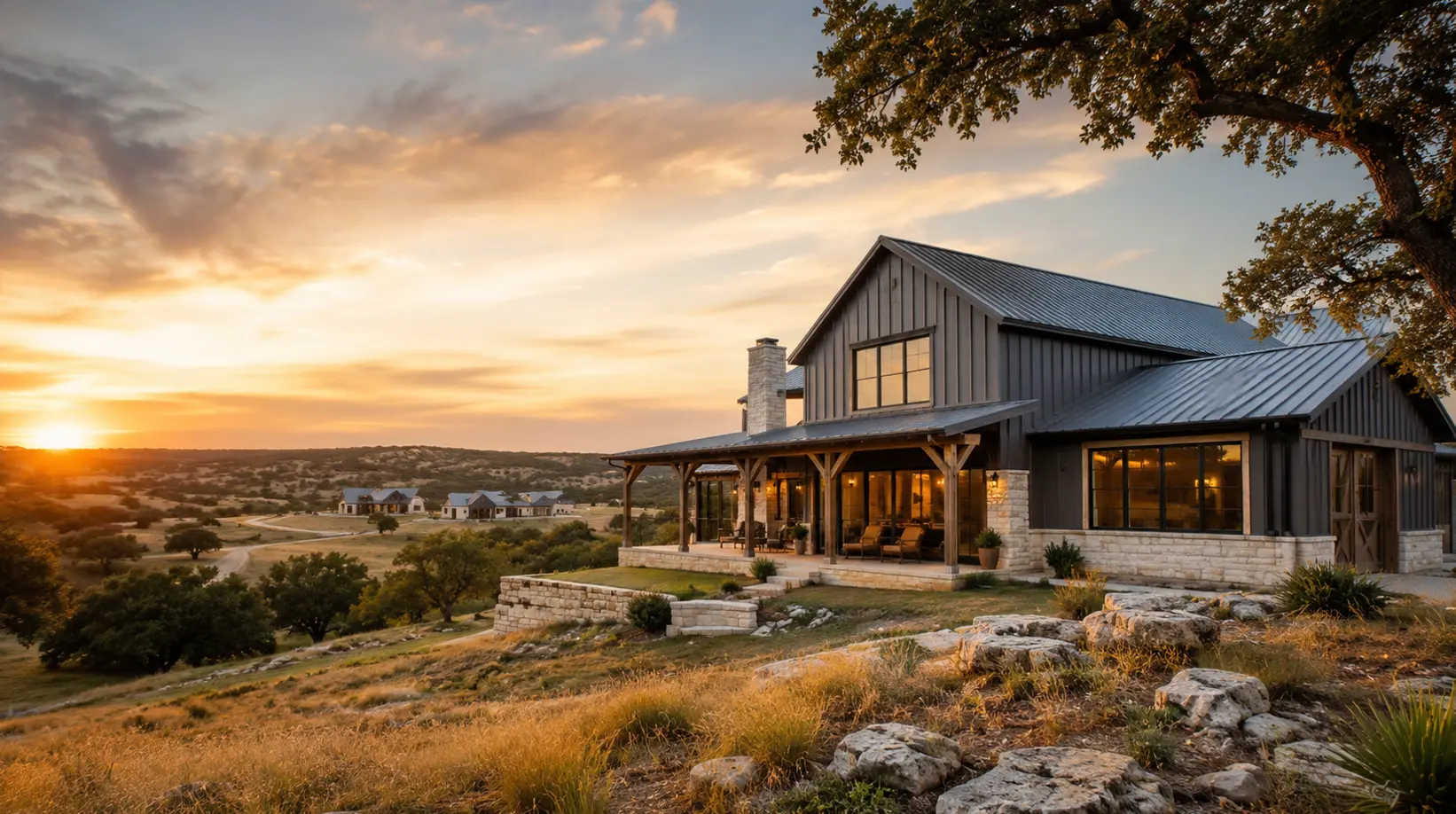 barndominium in Texas located in a rocky hill with grey metal roof