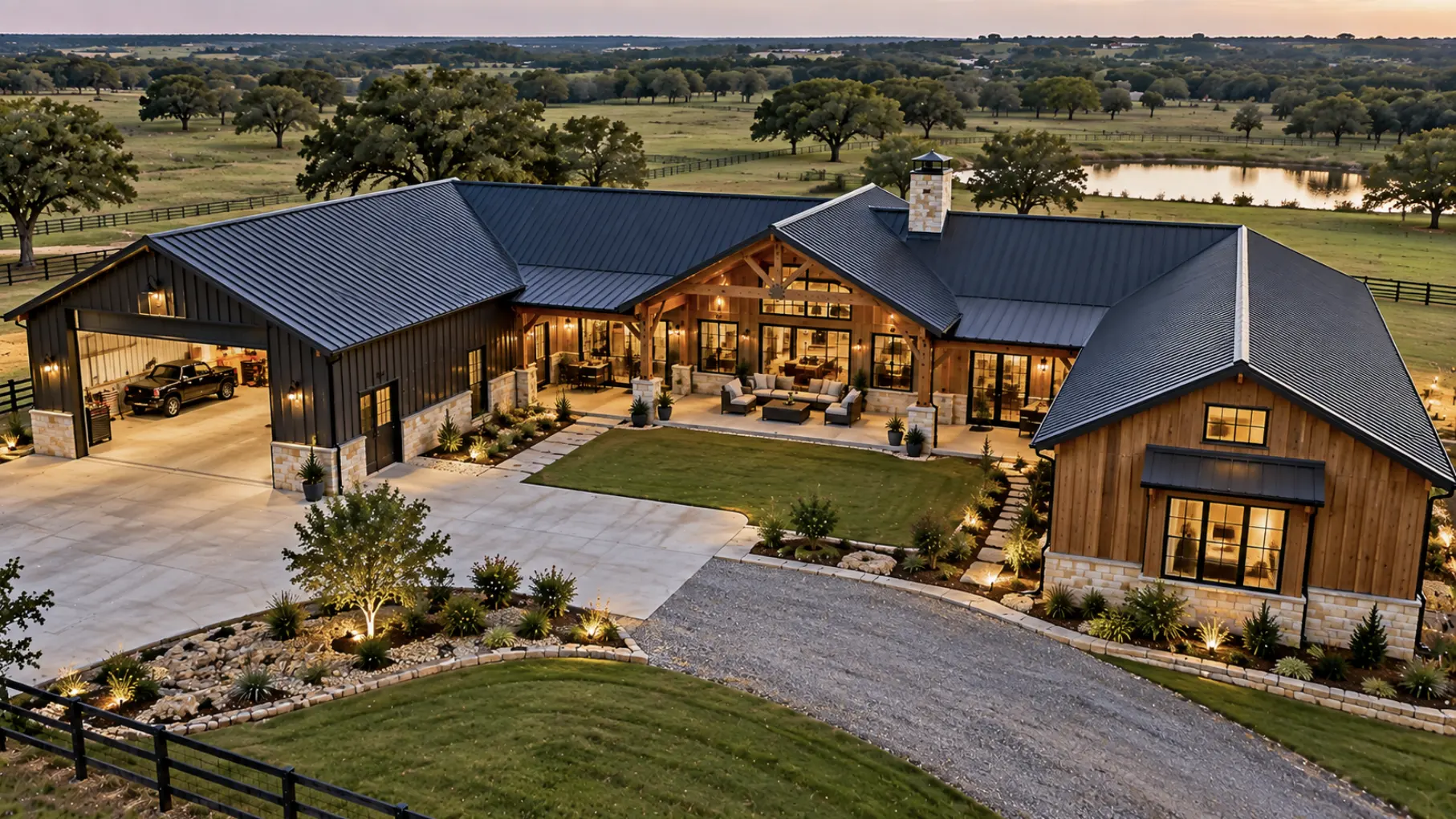 Custom Burleson barndominium floor plan with courtyard layout, garage and workshop access, covered porch, driveway, and surrounding acreage