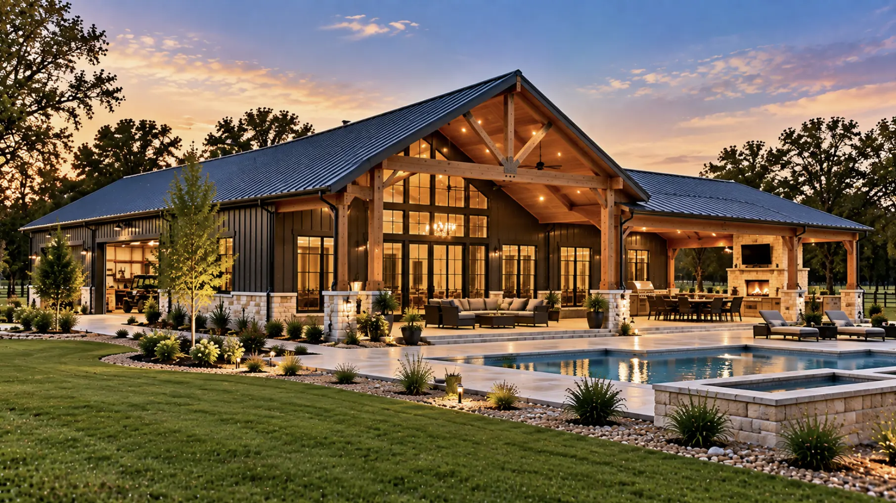 Custom Houston barndominium floor plan designed with spacious living areas, workshop garage, covered patio, and outdoor space
