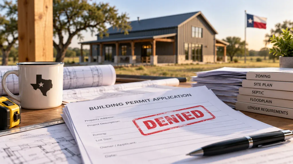 Barndominium building permit application marked denied beside site plans and lender requirement documents in Texas.