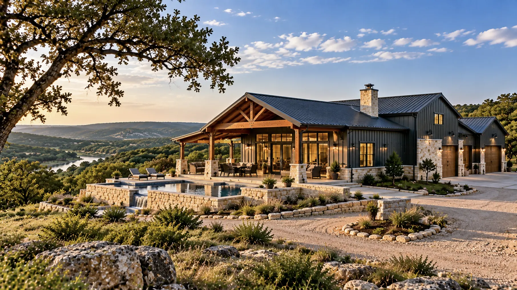 Custom Texas Hill Country barndominium designed around rural acreage with garage, outdoor living space, and hillside views