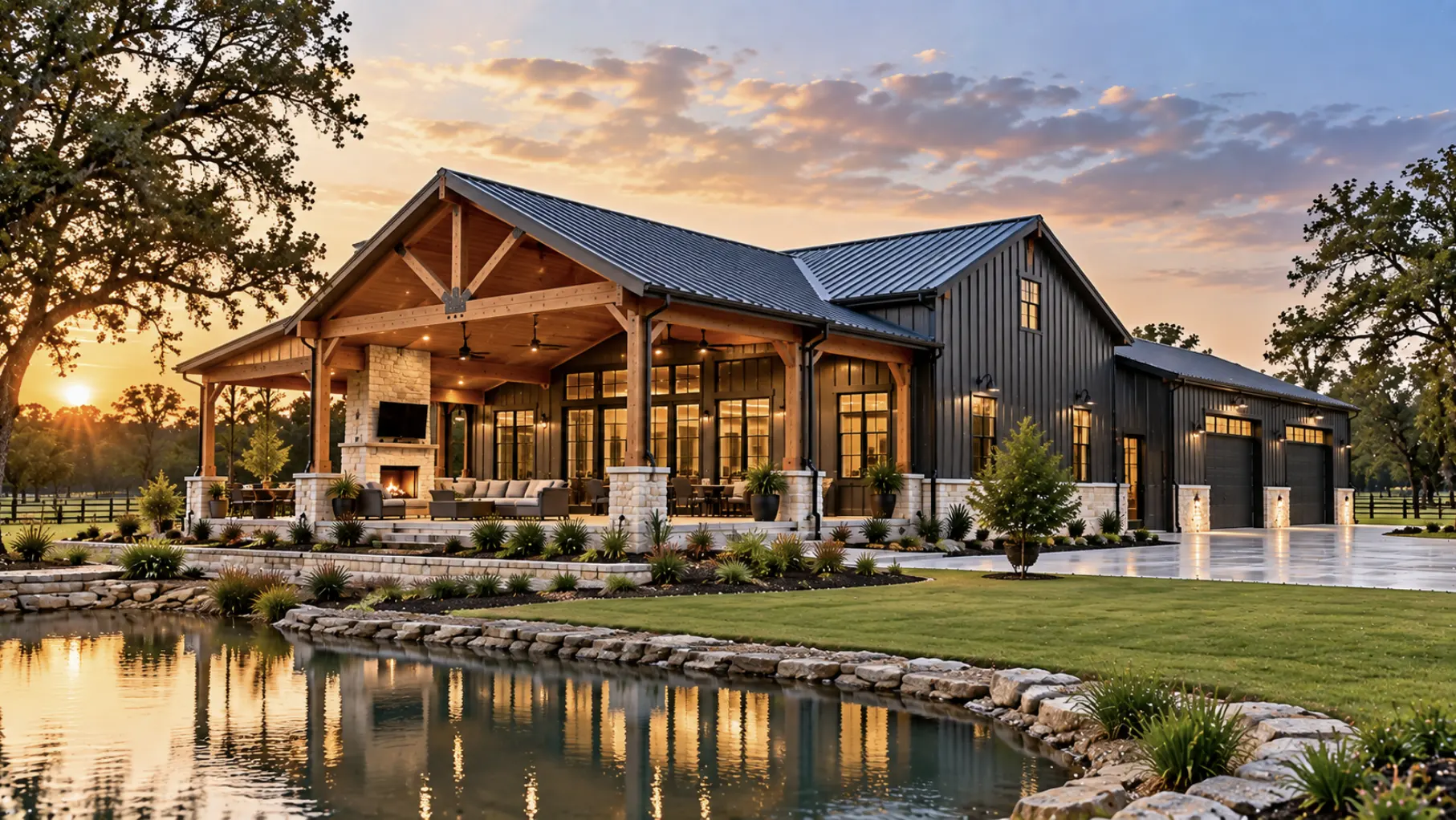 Custom Houston barndominium designed for a spacious property with attached garage, covered outdoor living area, and landscaped grounds