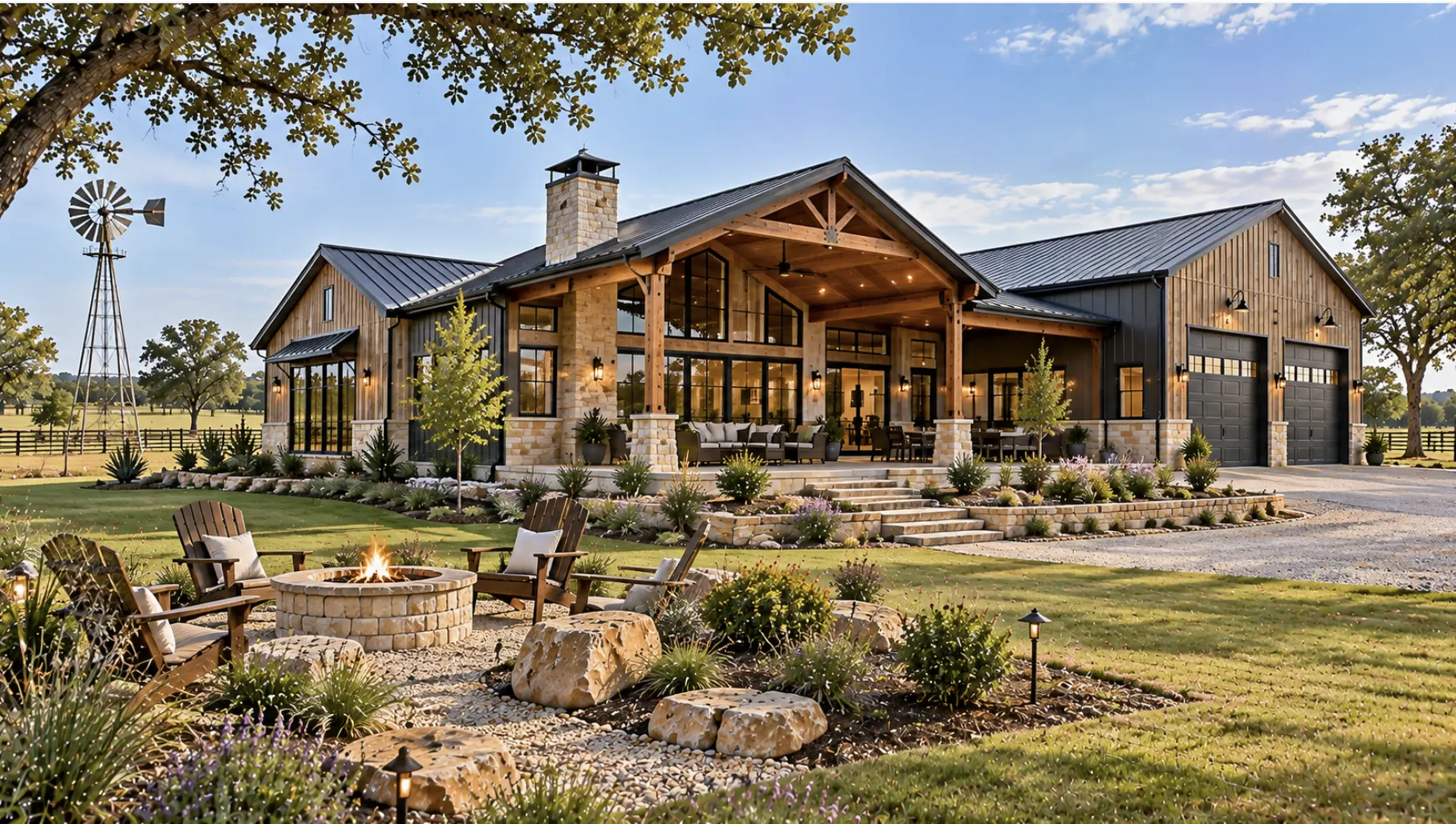 Custom Burleson barndominium with mixed metal and wood exterior, workshop garage, covered outdoor living area, and spacious Texas acreage