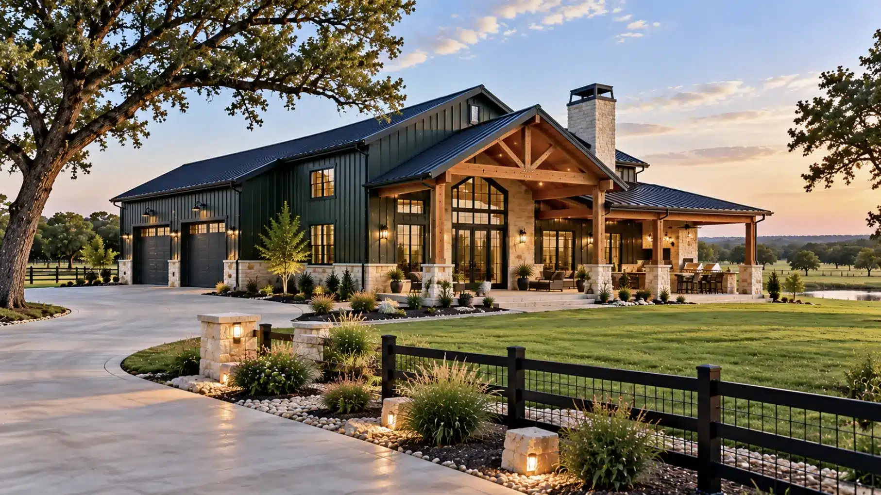 Custom Fort Worth barndominium designed for a spacious Texas property with garage, covered porch, and outdoor living areas