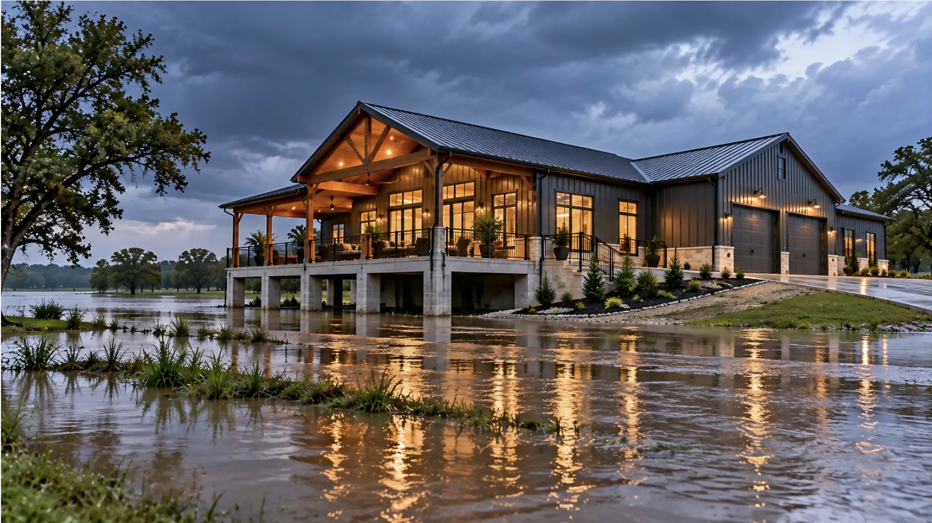 Elevated Houston barndominium designed for flood-prone conditions with raised foundation and stormwater surrounding the property