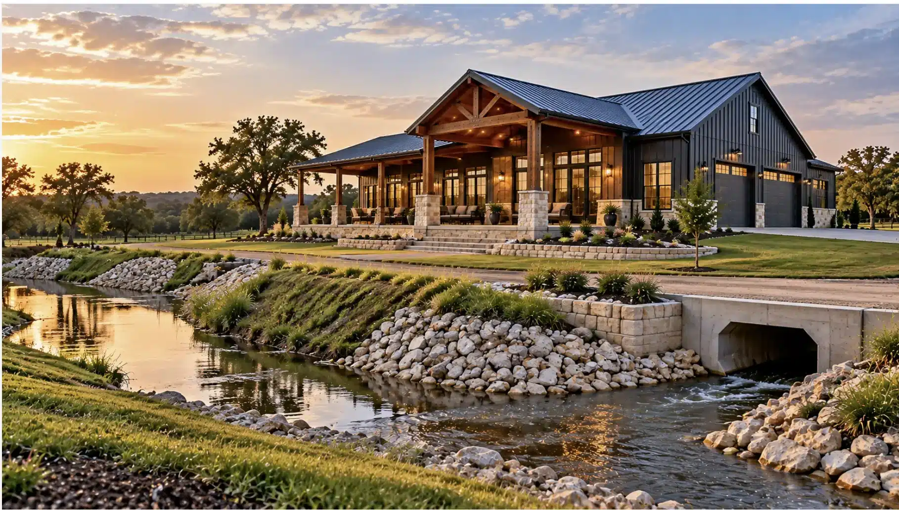 Fort Worth barndominium with elevated site grading, rock-lined drainage channel, and culvert for floodplain water management