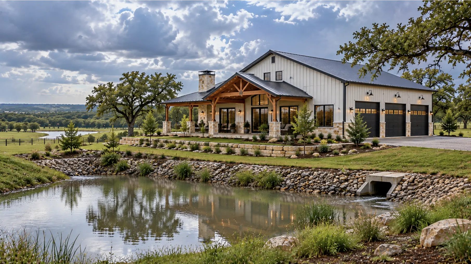 Burleson barndominium with elevated building site, stormwater retention pond, reinforced drainage channel, and culvert for flood management
