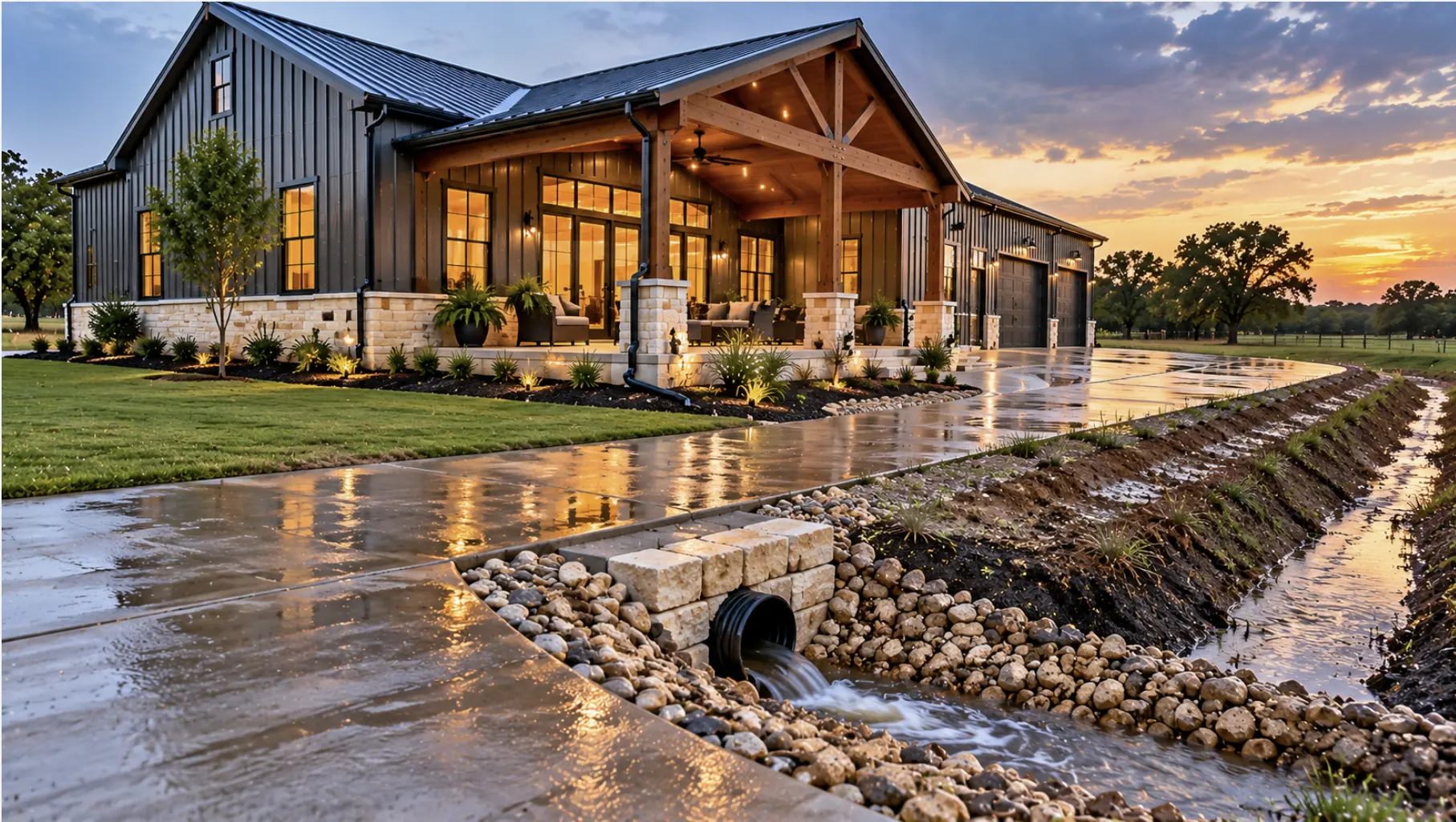 Houston barndominium with elevated foundation, site grading, drainage channel, and culvert for stormwater management