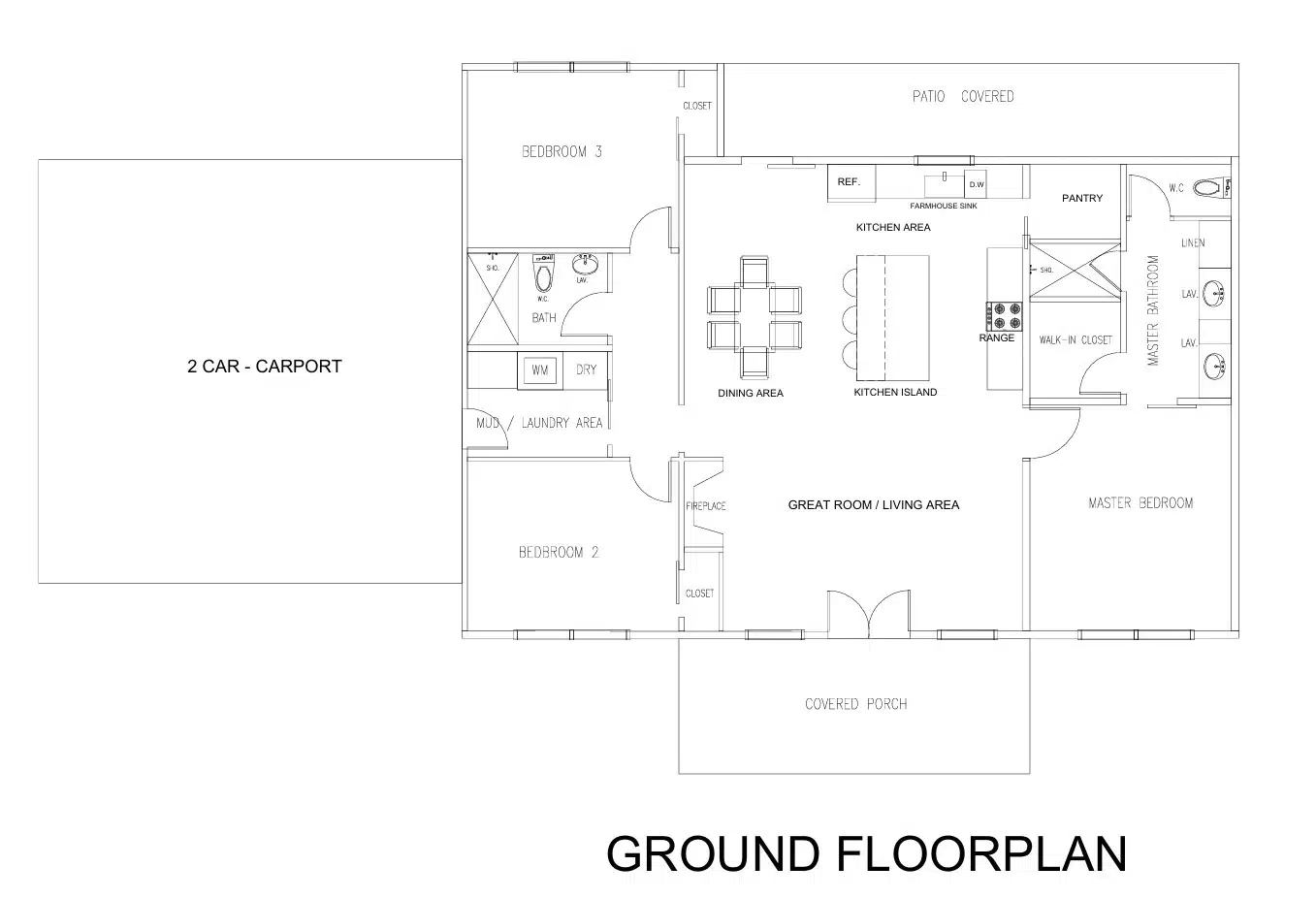 Floor plan of the 1,389 sq. ft. Gablewood barndominium showing three bedrooms, two bathrooms, an open kitchen and great room, covered porches and two-car carport.
