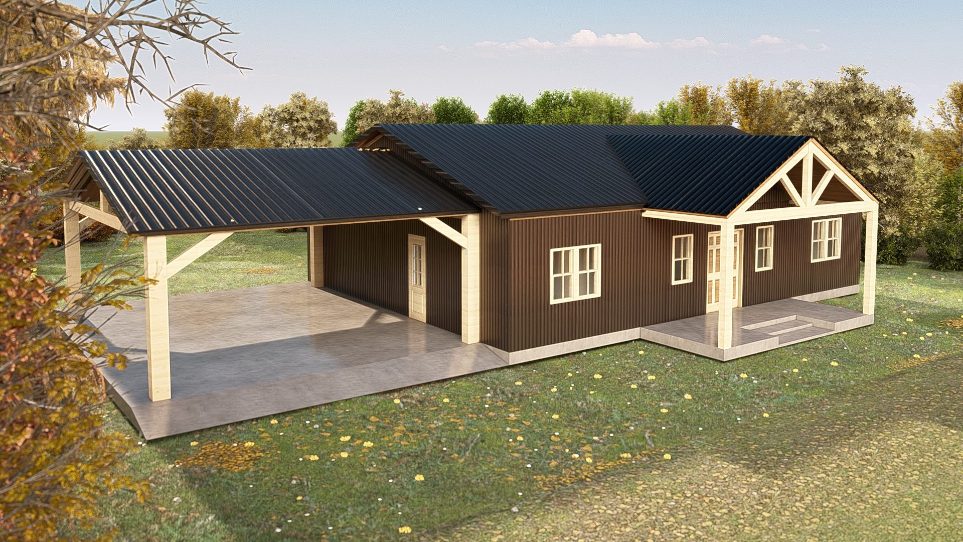Angled exterior rendering of the Gablewood Texas barndominium showing the covered front porch, timber-accented gable, dark metal siding and two-car carport.