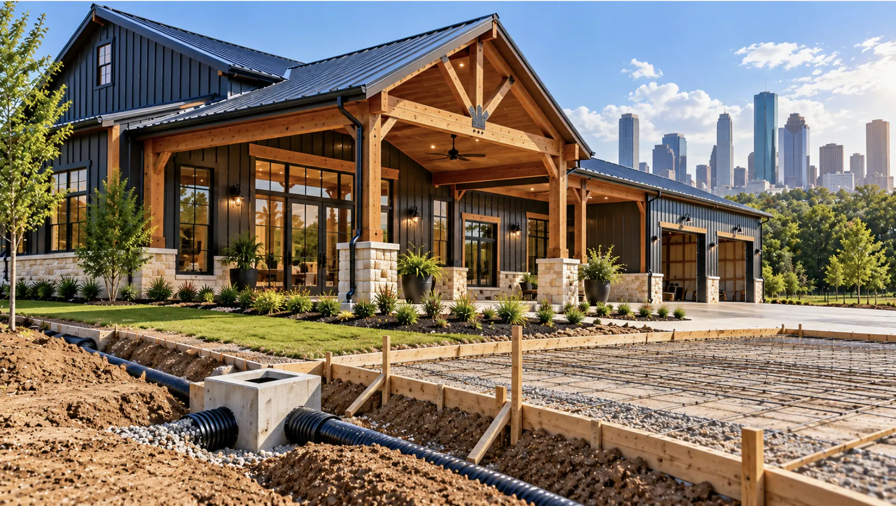 Houston barndominium construction site with drainage infrastructure, foundation preparation, and development work near the city skyline
