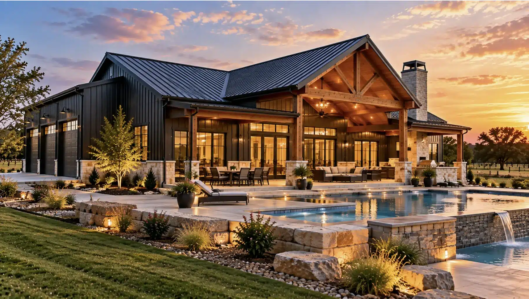 Custom Fort Worth barndominium with premium finishes, outdoor living space, and pool illustrating turnkey build cost factors