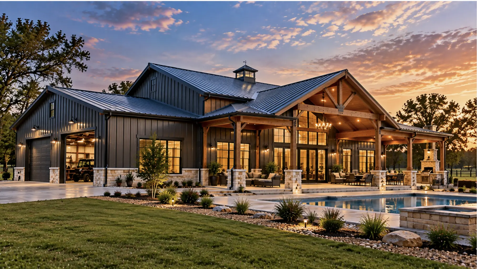 Custom Houston barndominium with premium finishes, workshop garage, covered outdoor living area, and pool illustrating turnkey construction costs
