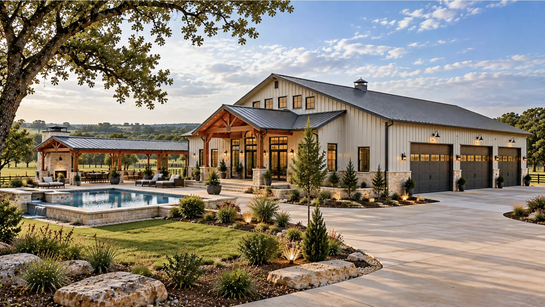Custom Burleson barndominium with premium finishes, large garage, pool, and outdoor living area illustrating turnkey construction cost factors
